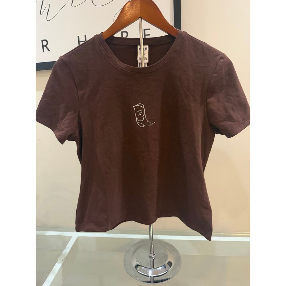 PINK Victoria’s Secret Brown Rhinestone Cowgirl Boot Cropped Tee XL NWT